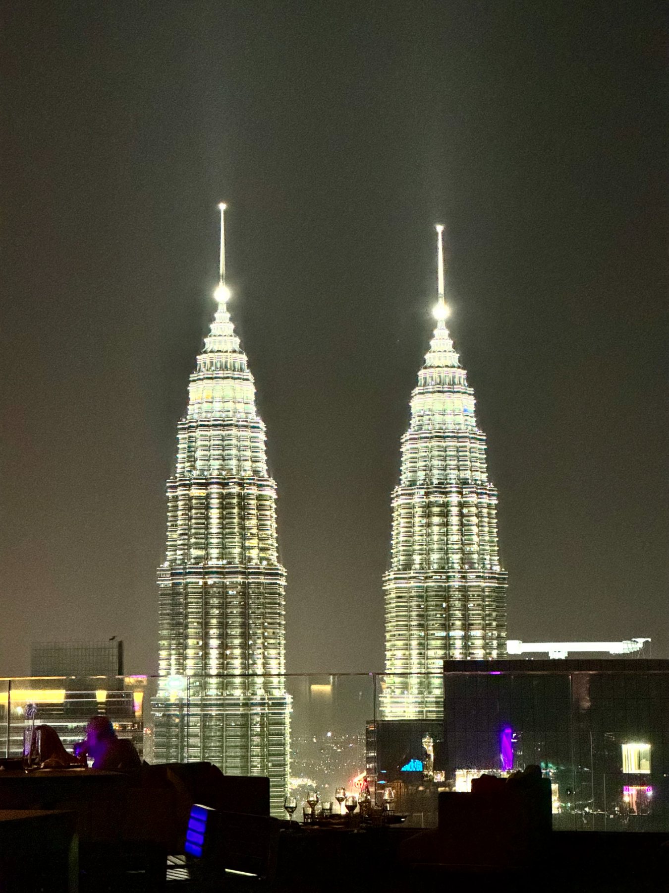 Two lit towers seen at night from a rooftop